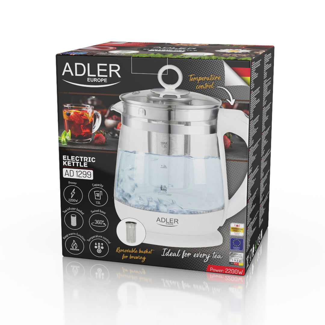 Ceainic din sticlă de 1,5 L cu filtru și control al temperaturii Adler AD 1299