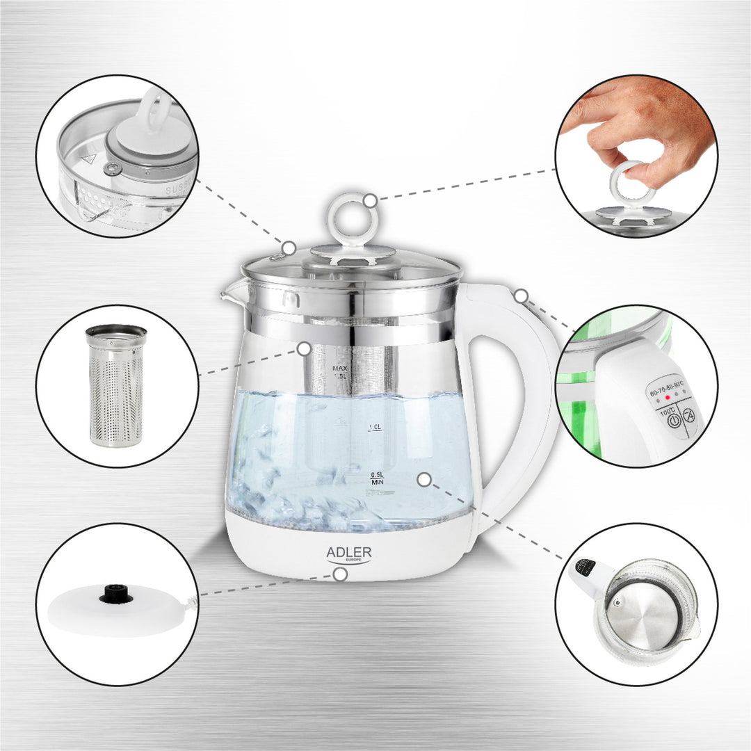 Ceainic din sticlă de 1,5 L cu filtru și control al temperaturii Adler AD 1299