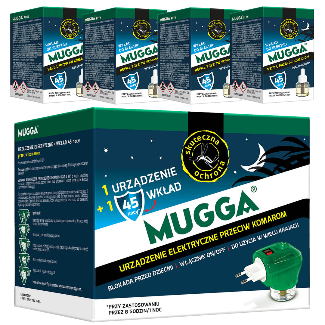Dispozitiv electric Mugga 45 nopți 35 ml, pentru respingerea țânțarilor + 4 rezerve Mugga 45 nopți 35ml