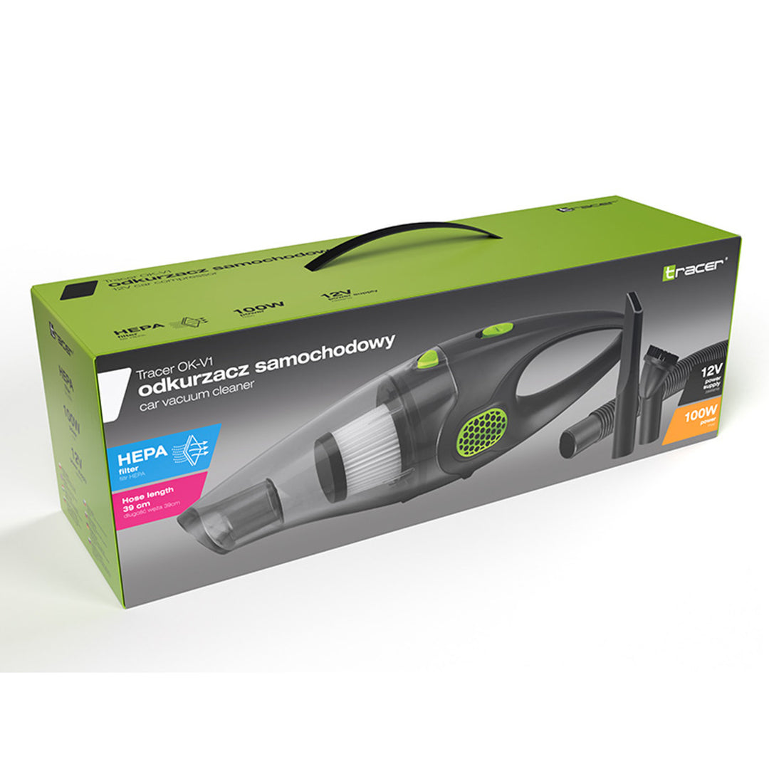 Aspirator auto Tracer, 2 filtre HEPA, sursă de alimentare 12V, 100W, OK-V1