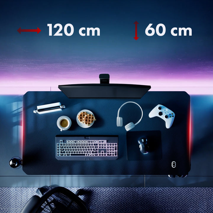 Birou de gaming NanoRS, negru, cu suport pentru căști și pahare, retroiluminare RGB, max. 75kg, dimensiuni 1200x600x750mm, RS102