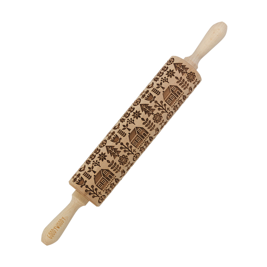 Sucitor gravat cu model casa scandinava Goody Woody, 46 cm, lemn de fag