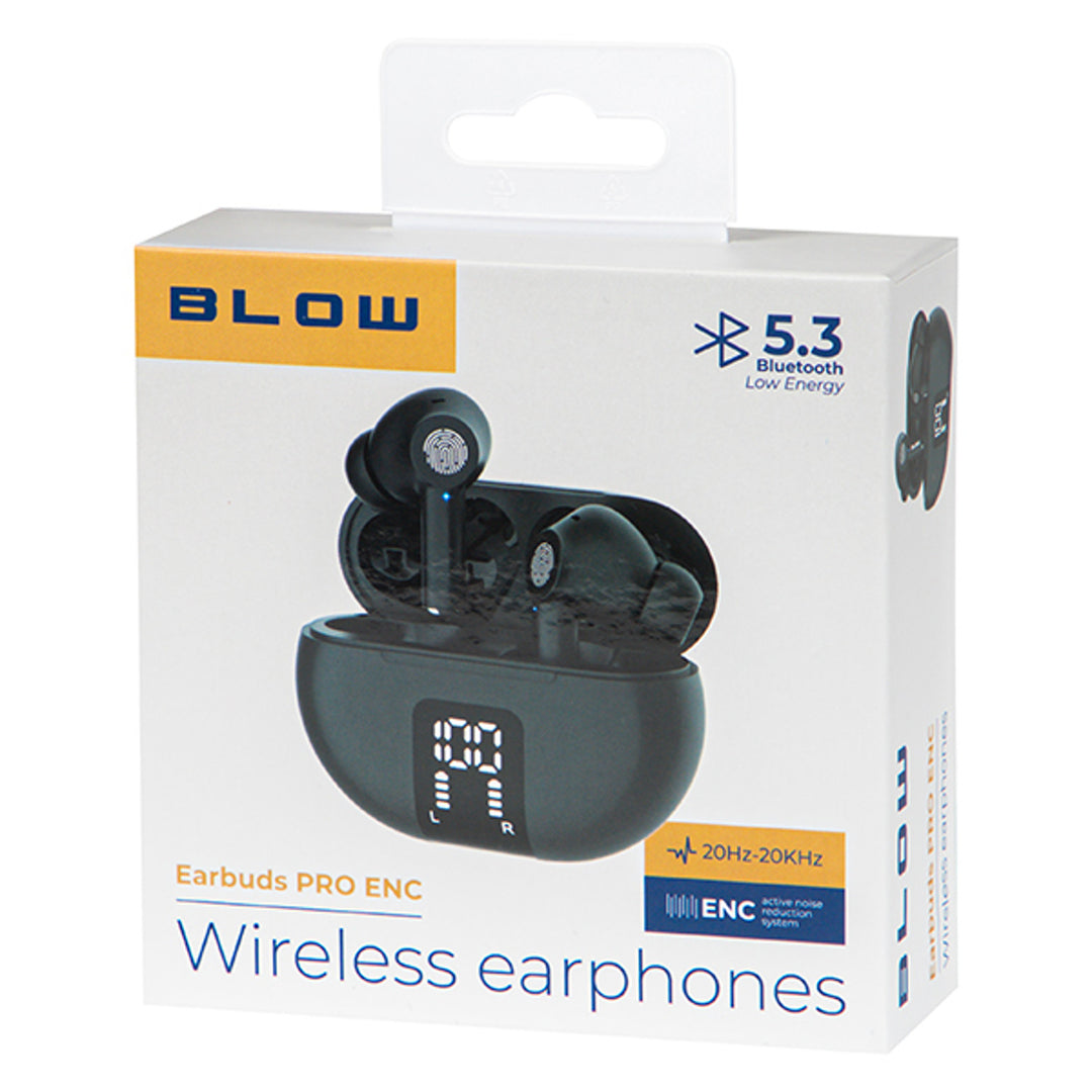 Căști fără fir BLOW, Bluetooth 5.3, afișaj LED, sistem ENC, PRO ENC BLACK