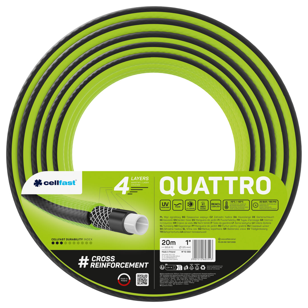 Furtun de grădină Cellfast, 1'', 20m, 4 straturi, împletit în cruce, Quattro