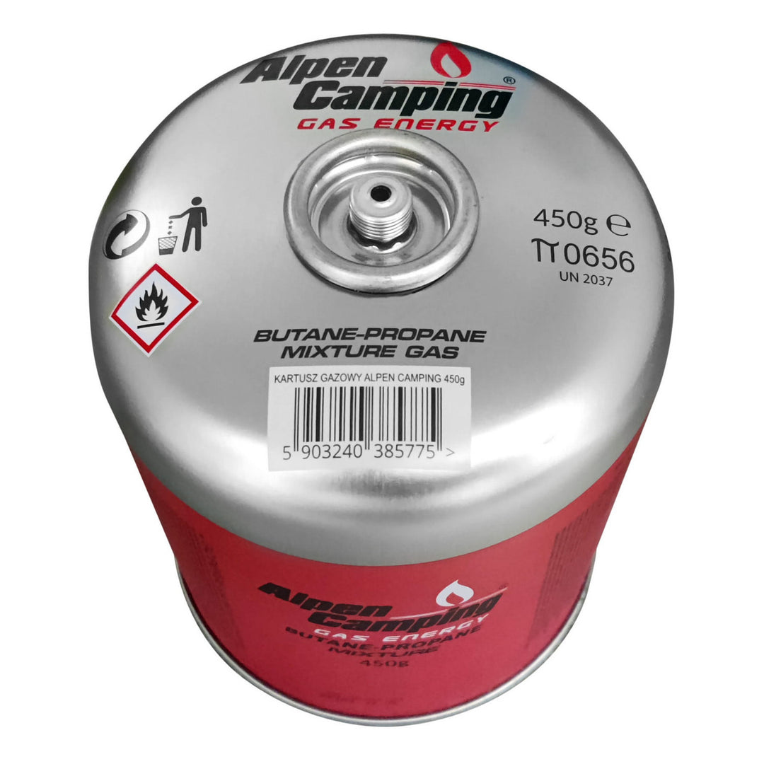 Cartuș de gaz 450g Alpen Camping. Certificat: Pi 0437, în conformitate cu EN417, propan-butan, interval -10°c până la + 40°c, supapă filetată 7/16" IK020
