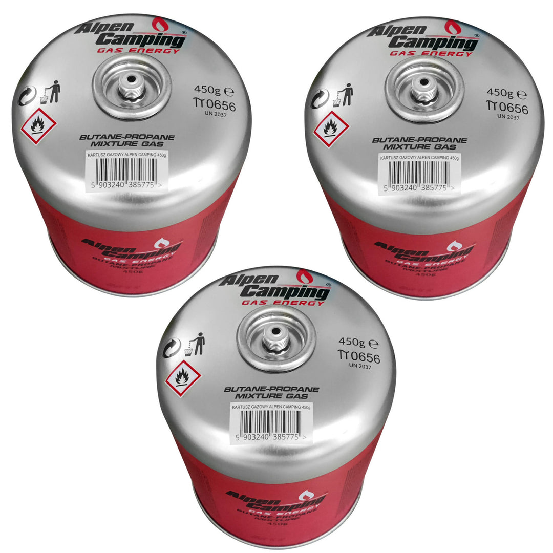Cartuș de gaz Alpen Camping 450g. Certificat: Pi 0437, în conformitate cu EN417, propan-butan, interval -10°c până la + 40°c, supapă filetată 7/16" IK020, 3 buc.