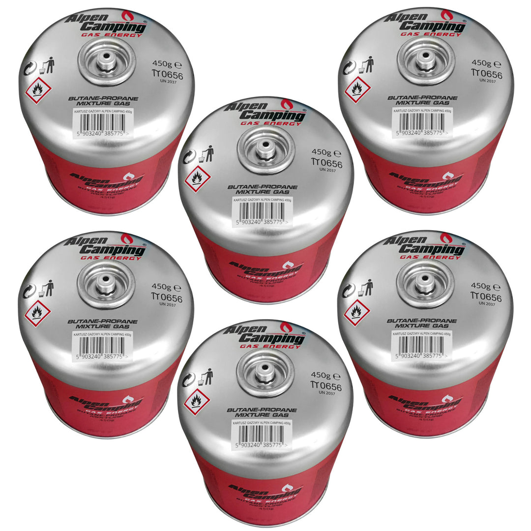 Cartuș de gaz 450g Alpen Camping. Certificat: Pi 0437, în conformitate cu EN417, propan-butan, interval -10°c până la + 40°c, supapă filetată 7/16" IK020, 6 bucăți