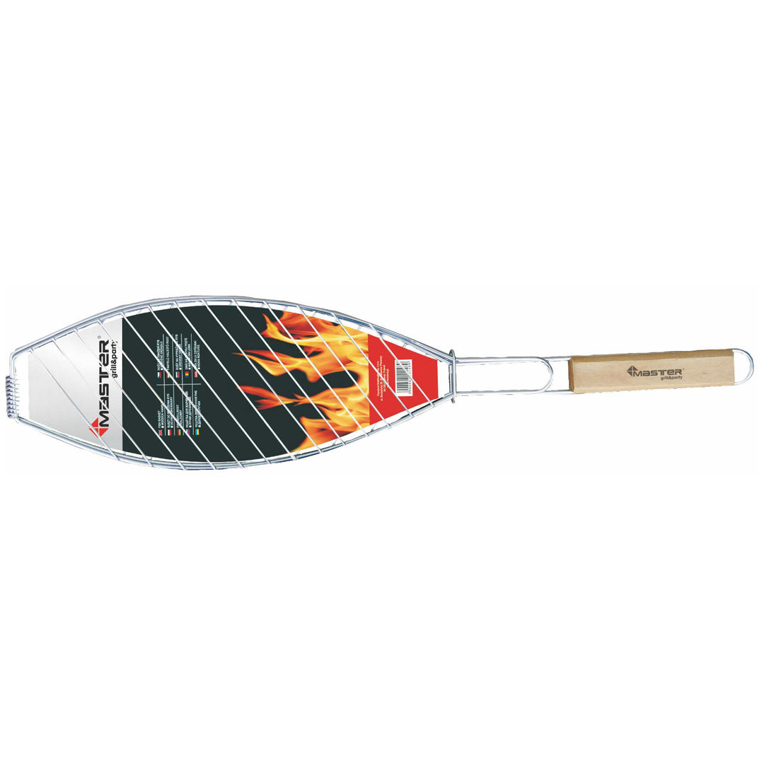 Grătar de prăjit pește Master Grill & Party, oțel cromat, mâner din lemn, 68 cm, MG148A