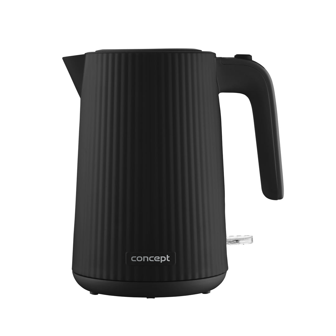 Ceainic electric Concept din plastic, 1,7L, design cu caneluri, sistem triplu de siguranță, filtru de sedimente, indicator al nivelului de apă, negru, RK2391