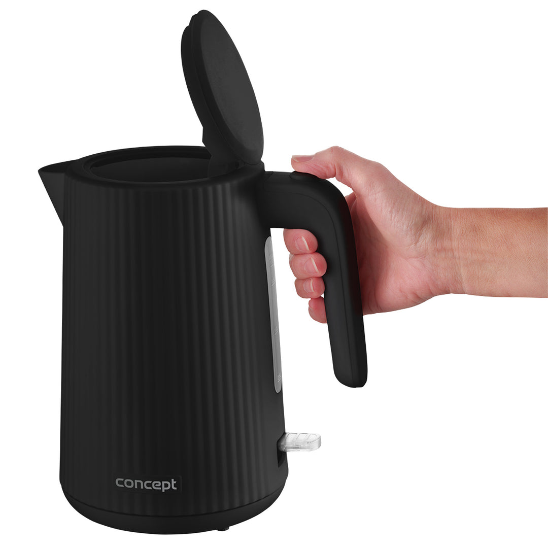 Ceainic electric Concept din plastic, 1,7L, design cu caneluri, sistem triplu de siguranță, filtru de sedimente, indicator al nivelului de apă, negru, RK2391