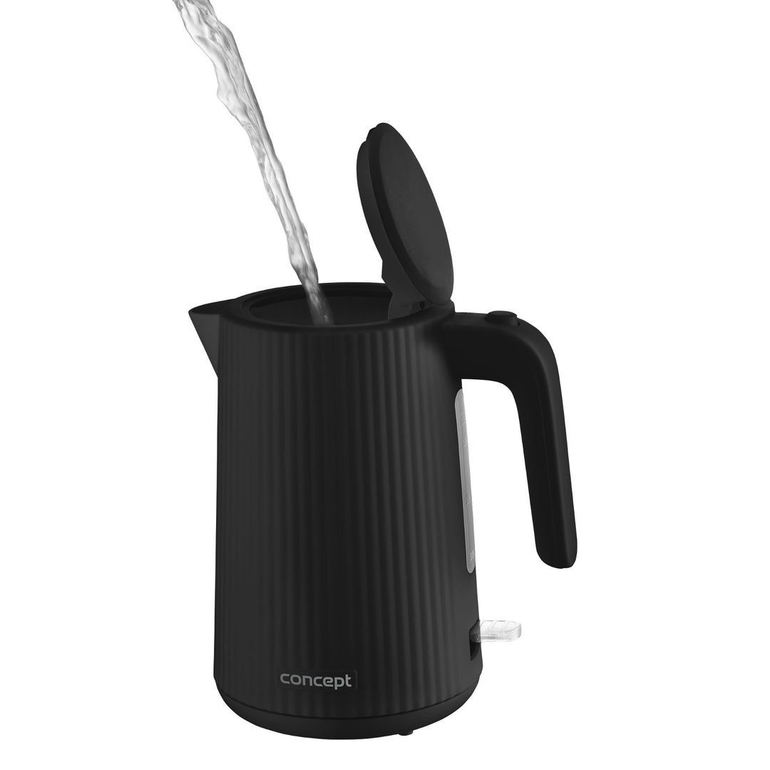Ceainic electric Concept din plastic, 1,7L, design cu caneluri, sistem triplu de siguranță, filtru de sedimente, indicator al nivelului de apă, negru, RK2391