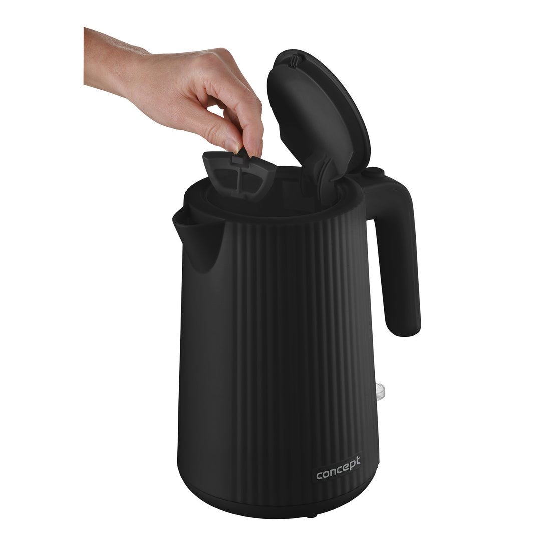Ceainic electric Concept din plastic, 1,7L, design cu caneluri, sistem triplu de siguranță, filtru de sedimente, indicator al nivelului de apă, negru, RK2391