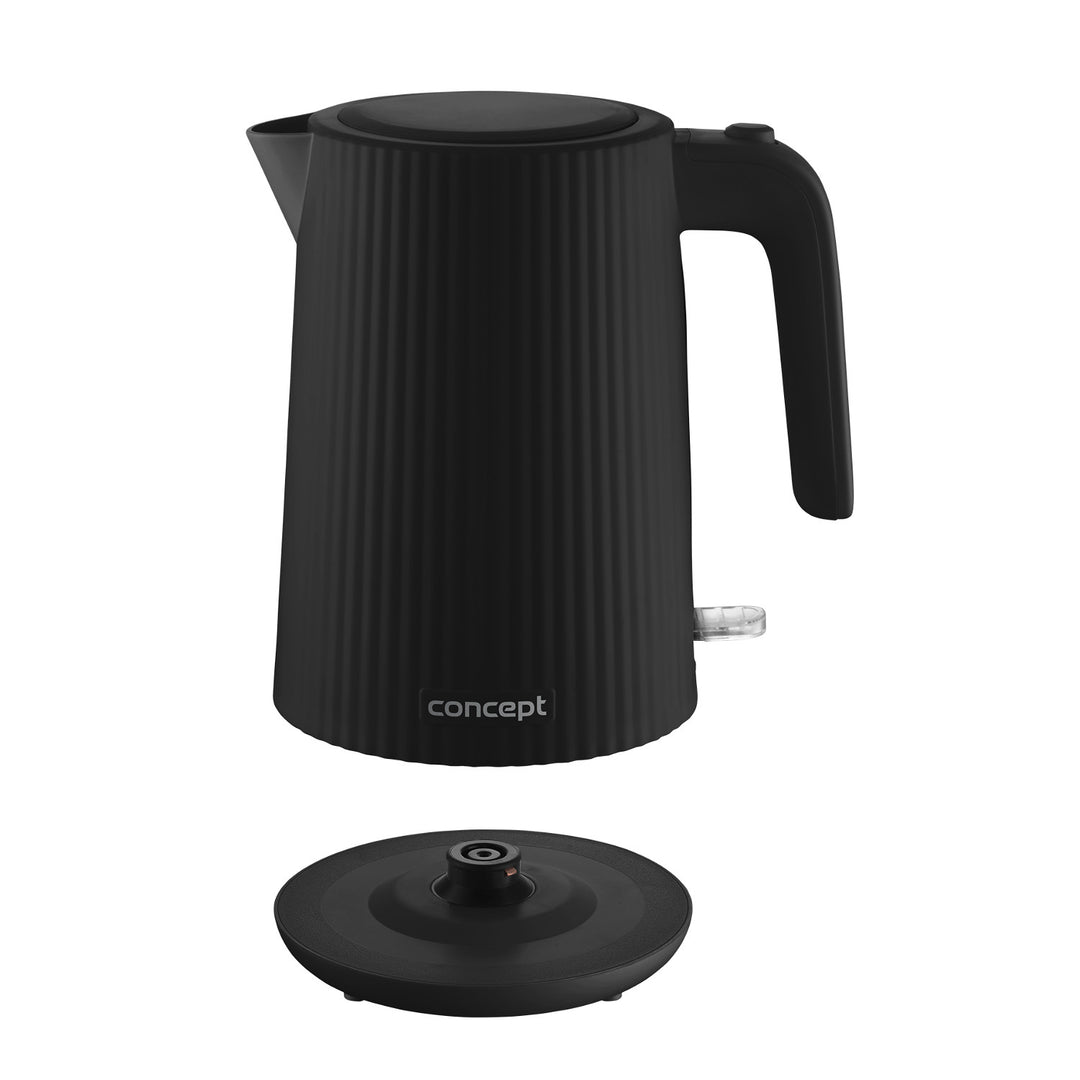 Ceainic electric Concept din plastic, 1,7L, design cu caneluri, sistem triplu de siguranță, filtru de sedimente, indicator al nivelului de apă, negru, RK2391