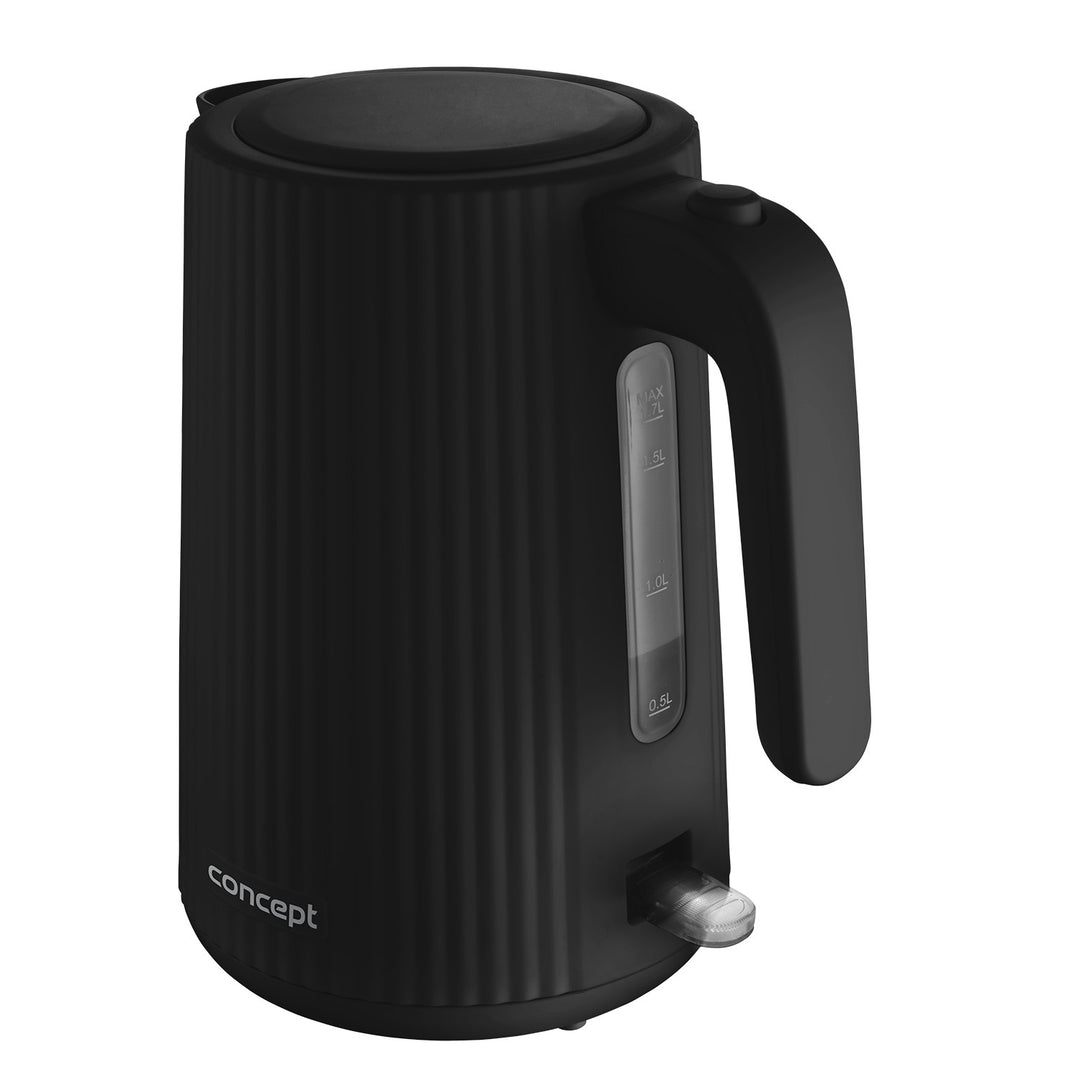 Ceainic electric Concept din plastic, 1,7L, design cu caneluri, sistem triplu de siguranță, filtru de sedimente, indicator al nivelului de apă, negru, RK2391