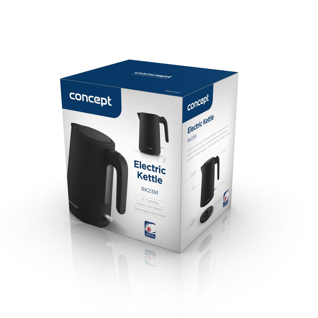 Ceainic electric Concept din plastic, 1,7L, design cu caneluri, sistem triplu de siguranță, filtru de sedimente, indicator al nivelului de apă, negru, RK2391