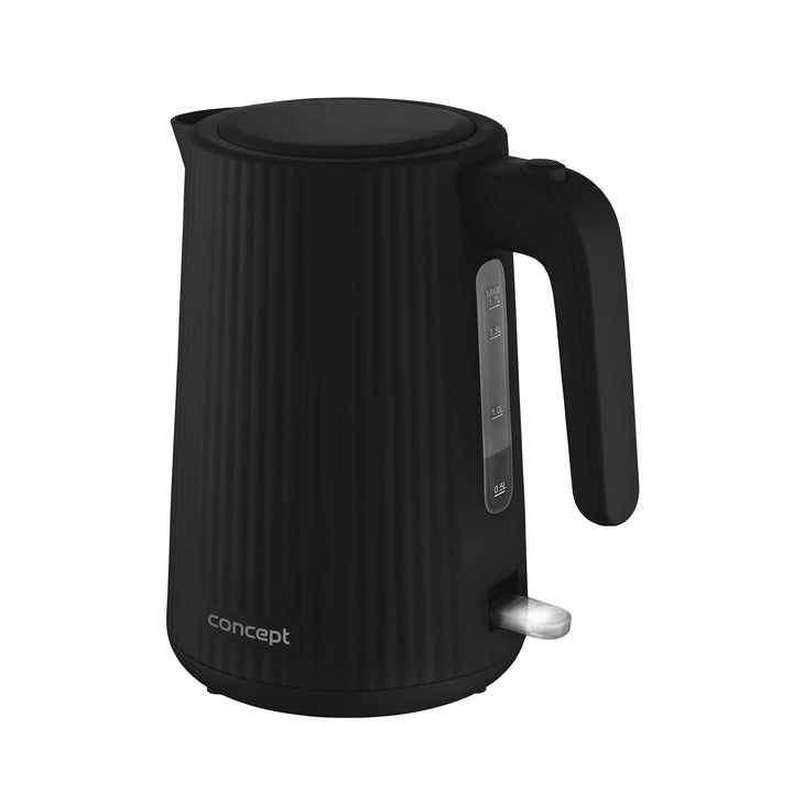 Ceainic electric Concept din plastic, 1,7L, design cu caneluri, sistem triplu de siguranță, filtru de sedimente, indicator al nivelului de apă, negru, RK2391