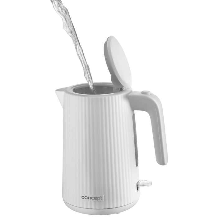 Ceainic electric Concept din plastic, 1.7L, design cu caneluri, sistem triplu de siguranță, filtru de sedimente, indicator al nivelului apei, alb, RK2390