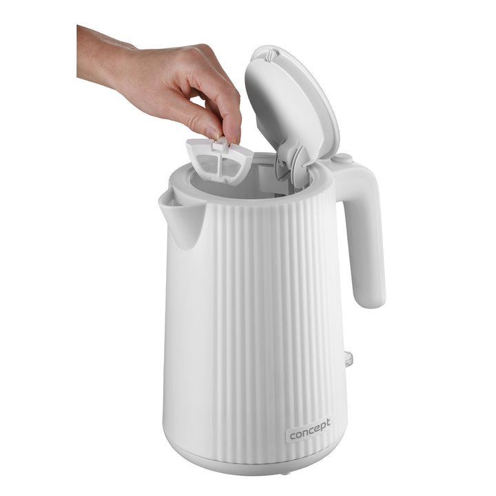 Ceainic electric Concept din plastic, 1.7L, design cu caneluri, sistem triplu de siguranță, filtru de sedimente, indicator al nivelului apei, alb, RK2390