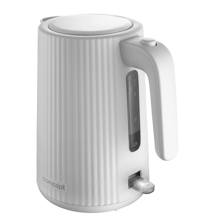 Ceainic electric Concept din plastic, 1.7L, design cu caneluri, sistem triplu de siguranță, filtru de sedimente, indicator al nivelului apei, alb, RK2390