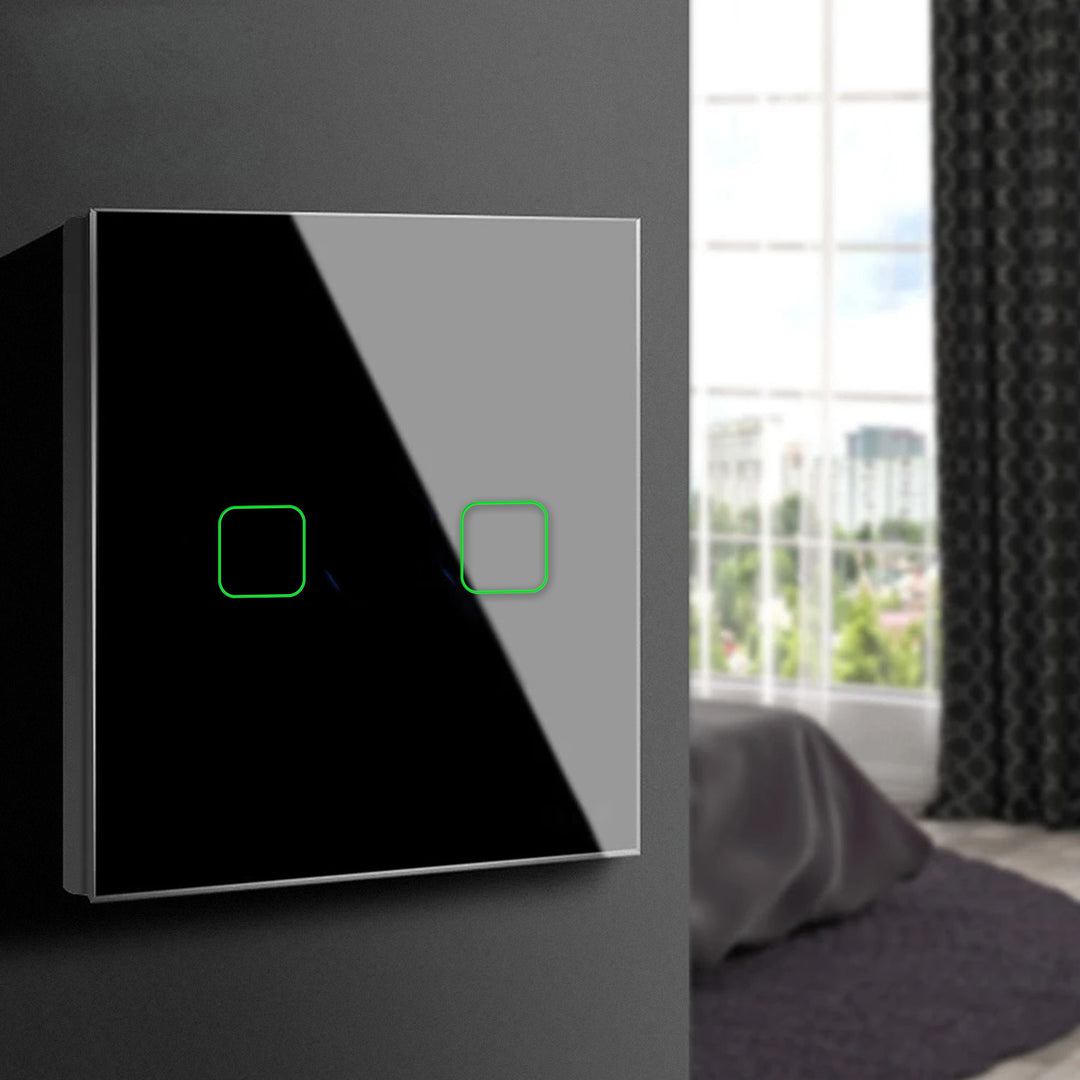 Maclean Energy MCE703B Comutator de iluminare tactil, dublu, din sticlă, negru cu dimensiuni buton pătrat 86x86mm, cu iluminare din spate a butonului