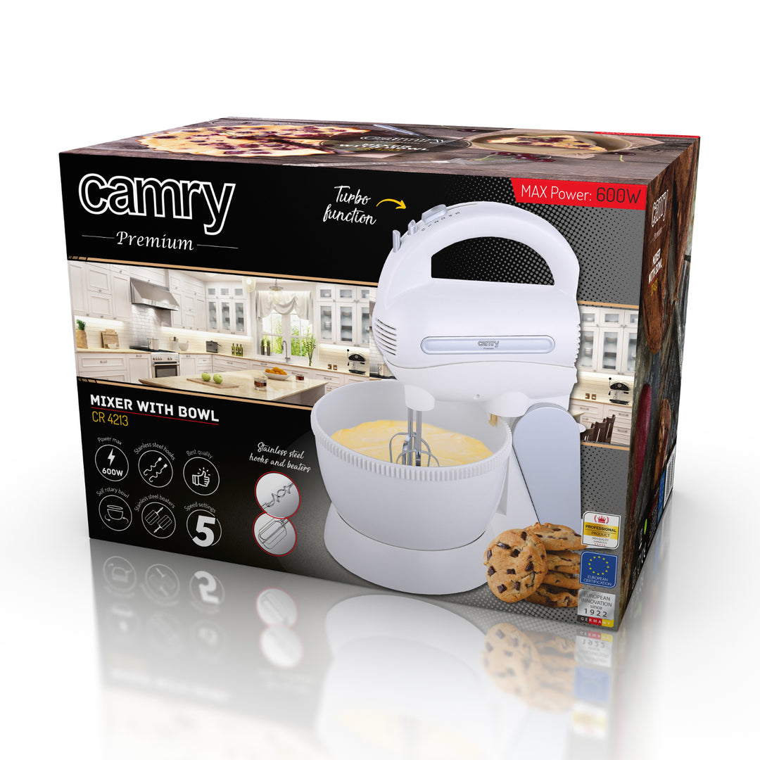 Mixer Camry CR 4213 600 W cu bol rotativ și set de palete din oțel inoxidabil