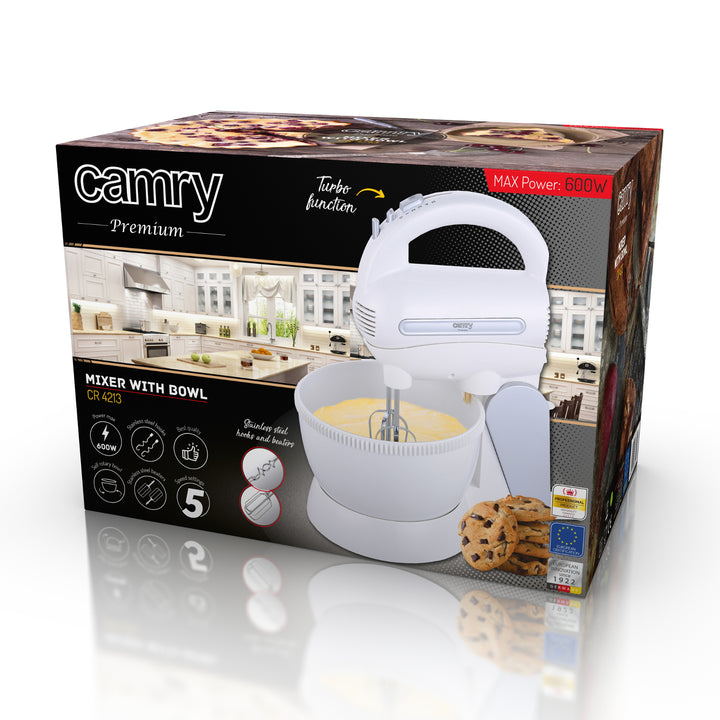 Mixer Camry CR 4213 600 W cu bol rotativ și set de palete din oțel inoxidabil