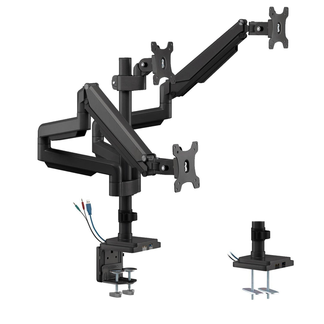 Suport monitor cu 3 brate, cu arc cu gaz și 1x port USB 3.0, conexiune pentru microfon/căști Braț de monit, 13"-32" până la 7 kg VESA 75x75 100x100