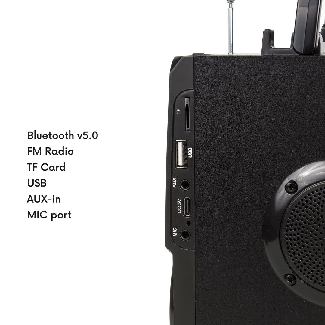 Difuzor bluetooth portabil / radio / SD / MMC / aux-in / USB / iluminare / telecomandă / antenă telescopică / conector microfon