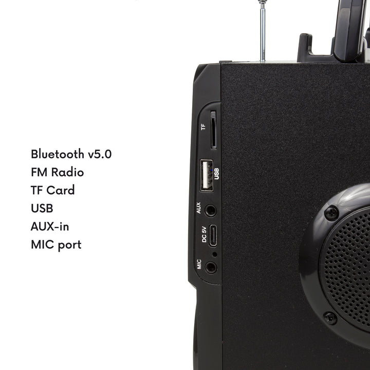 Difuzor bluetooth portabil / radio / SD / MMC / aux-in / USB / iluminare / telecomandă / antenă telescopică / conector microfon