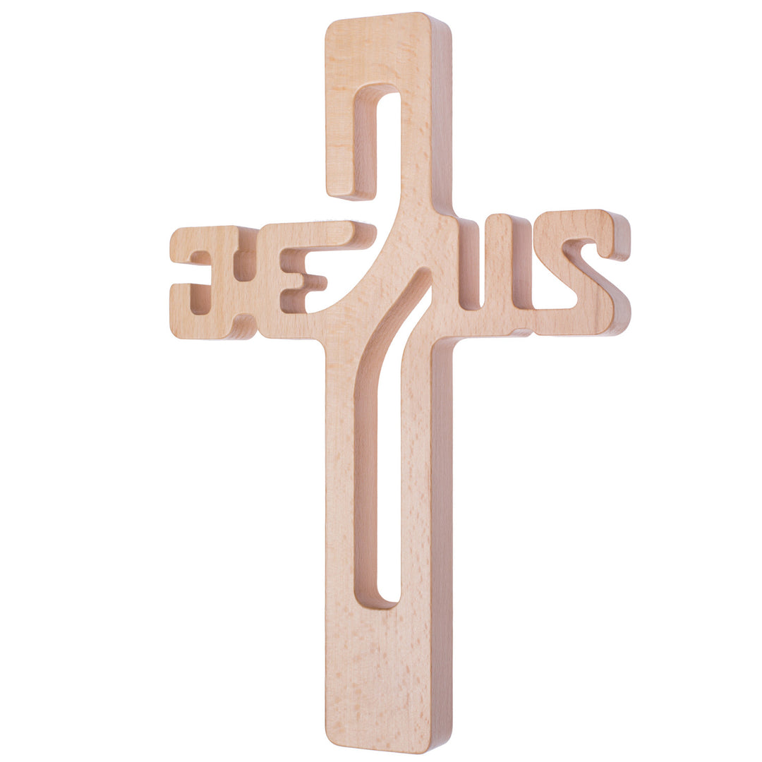 Cruce din lemn natural cu inscriptia Jesus, 30 x 20 x 1.8 cm