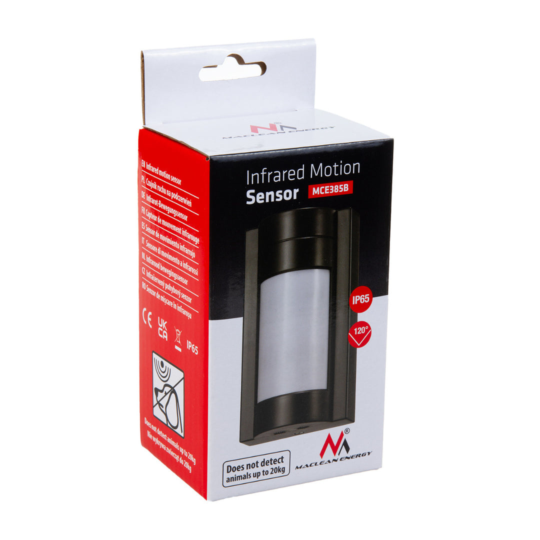 Maclean MCE385 Detector de mișcare PIR cu rază de acțiune de până la 12 m pentru utilizare în exterior, infraroșu, nu detectează animale sub 20 kg, senzor crepuscular, până la 1200 W, IP65 negru