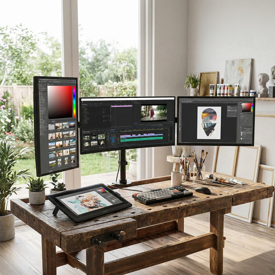 Suport de birou Maclean pentru 3 monitoare LCD, cu braț dublu, VESA 75x75 și 100x100, 13"-27", 8 kg, MC-691