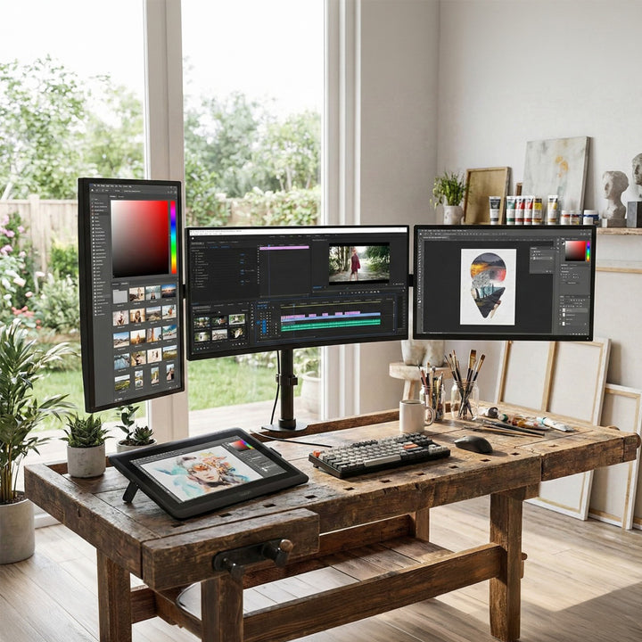 Suport de birou Maclean pentru 3 monitoare LCD, cu braț dublu, VESA 75x75 și 100x100, 13"-27", 8 kg, MC-691
