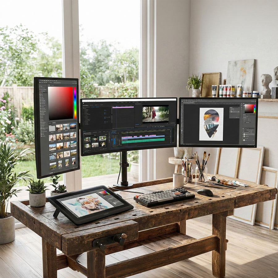Suport de birou Maclean pentru 3 monitoare LCD, cu braț dublu, VESA 75x75 și 100x100, 13"-27", 8 kg, MC-691