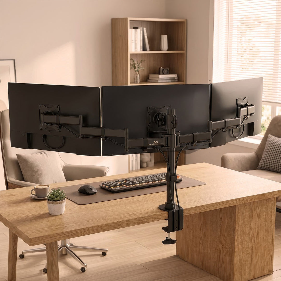 Suport de birou Maclean pentru 3 monitoare LCD, cu braț dublu, VESA 75x75 și 100x100, 13"-27", 8 kg, MC-691