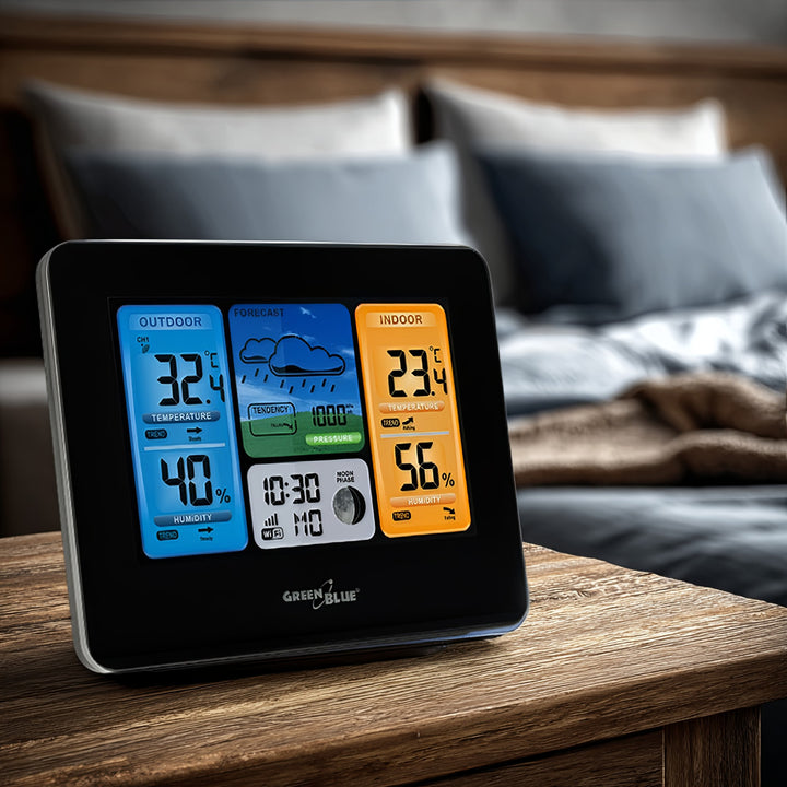 Statie meteo GreenBlue, WiFi, GB522, negru, senzor de temperatură, Display LCD IPX4