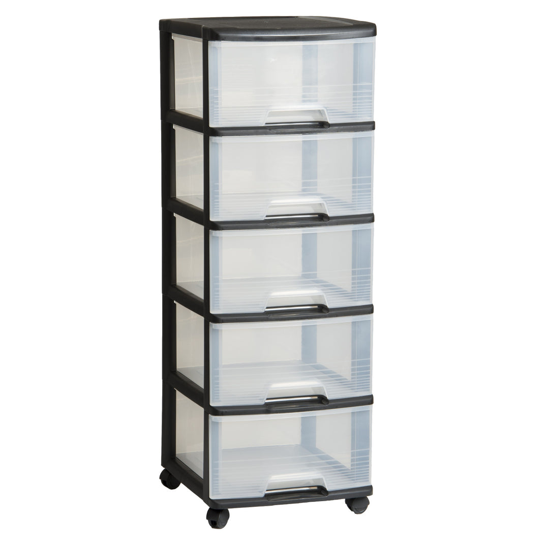 Raft pe roți Curver, culoare neagră, 5 sertare transparente de 20 l, roți, 214756