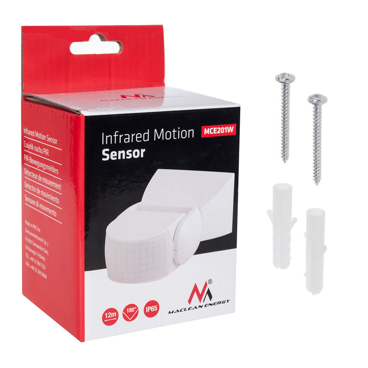 Detector de mișcare Maclean PIR, infraroșu, IP65, alb, rază de acțiune 12m, MCE201W