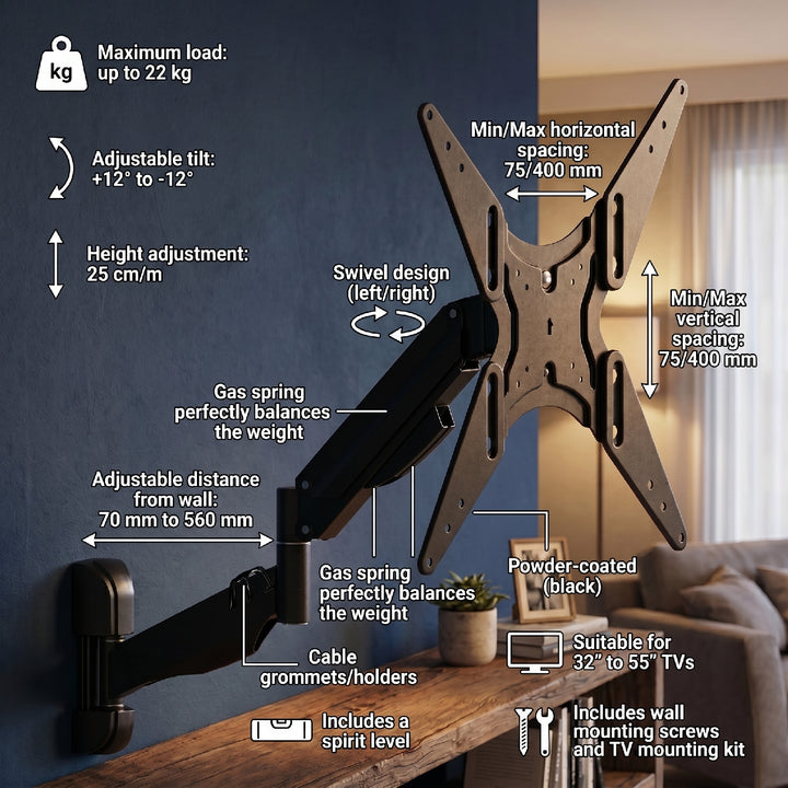 Suport TV Maclean, pentru televizor sau monitor, arc cu gaz, 2 brațe, reglaj înălțime 25cm, 32"-55", 22kg, negru, MC-784