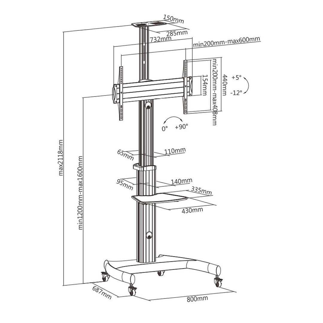 Maclean cărucior cu suport profesional, aluminiu, reglabil, pentru televizor pe rotile, max. VESA 600x400, max. 50 kg, MC-801