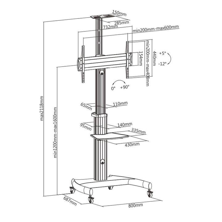 Maclean cărucior cu suport profesional, aluminiu, reglabil, pentru televizor pe rotile, max. VESA 600x400, max. 50 kg, MC-801