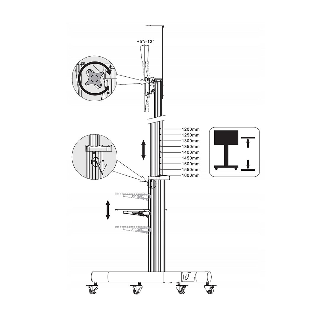 Maclean cărucior cu suport profesional, aluminiu, reglabil, pentru televizor pe rotile, max. VESA 600x400, max. 50 kg, MC-801