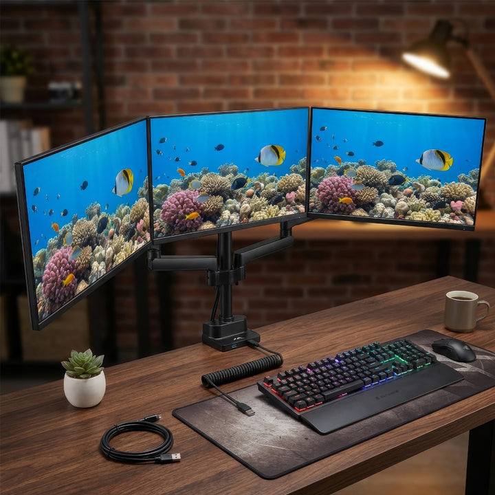 Suport de birou pentru 3 monitoare LCD, LED cu 2x USB 3.0, 17-27", 3x7kg, VESA 75x75 și 100x100, Maclean MC-811