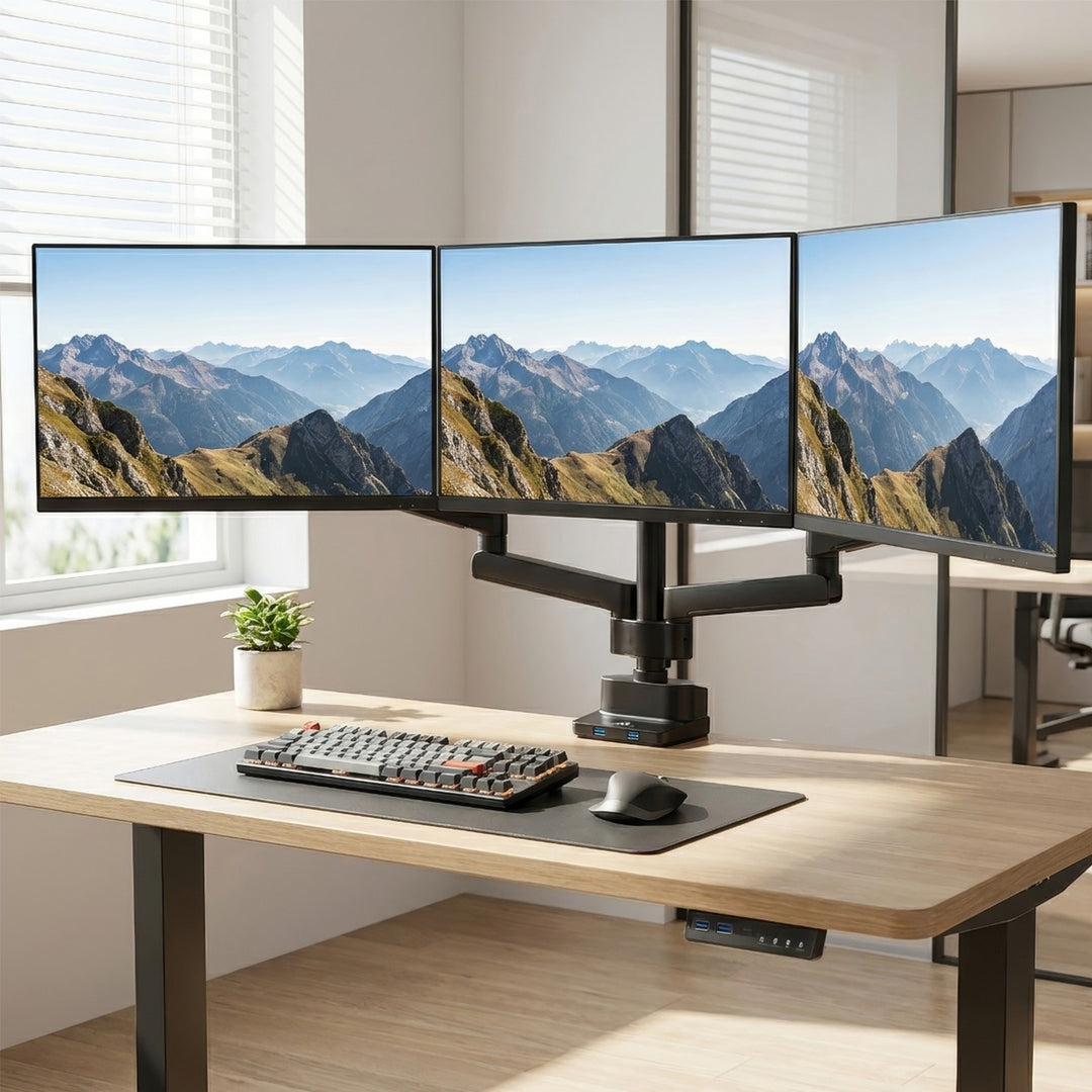 Suport de birou pentru 3 monitoare LCD, LED cu 2x USB 3.0, 17-27", 3x7kg, VESA 75x75 și 100x100, Maclean MC-811