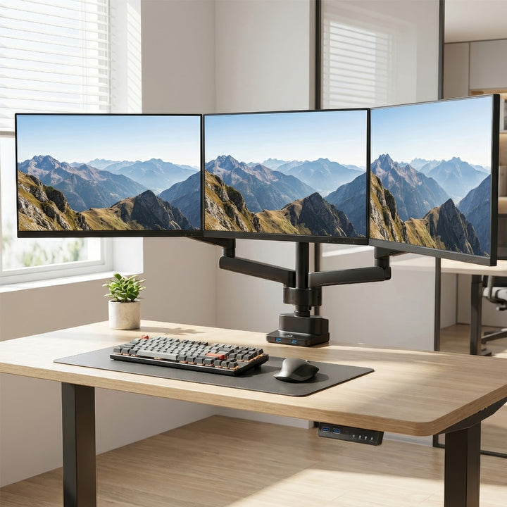 Suport de birou pentru 3 monitoare LCD, LED cu 2x USB 3.0, 17-27", 3x7kg, VESA 75x75 și 100x100, Maclean MC-811