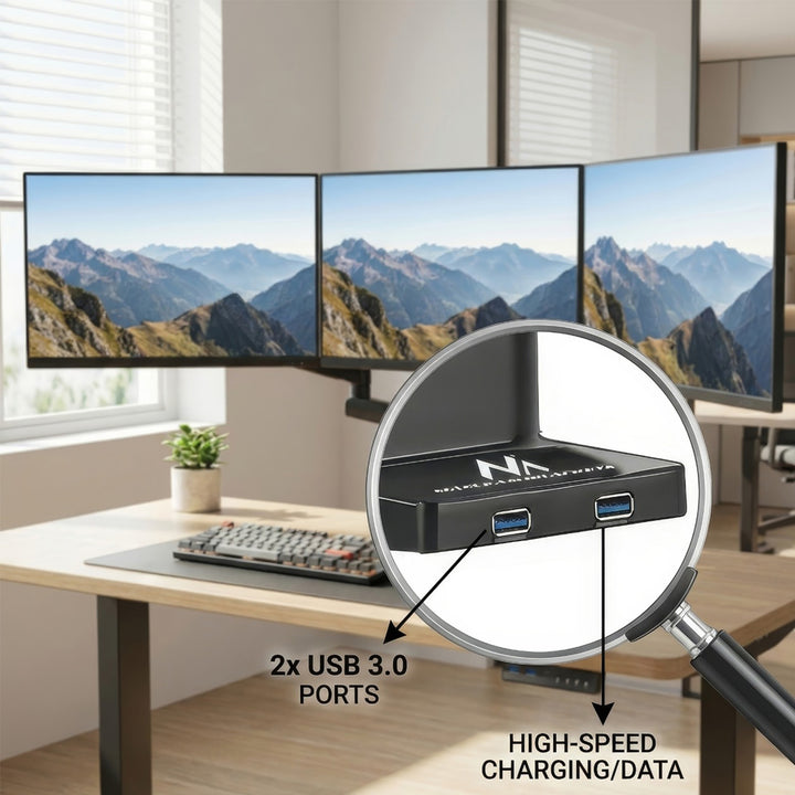 Suport de birou pentru 3 monitoare LCD, LED cu 2x USB 3.0, 17-27", 3x7kg, VESA 75x75 și 100x100, Maclean MC-811