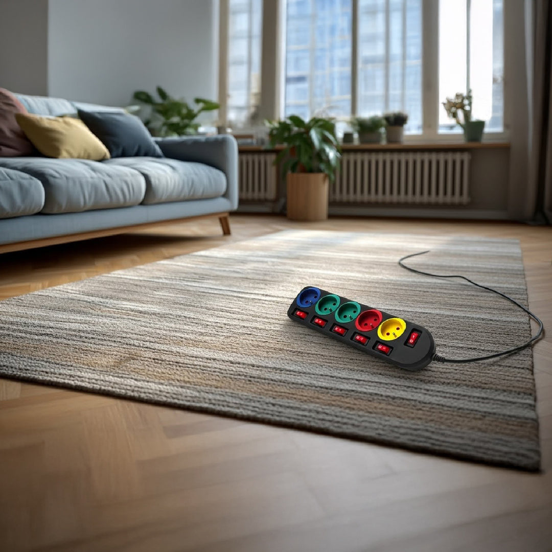 Cablu prelungitor 5 prize cu comutatoare Maclean Energy MCE204M 250VAC / 10A 1,5m, multicolor