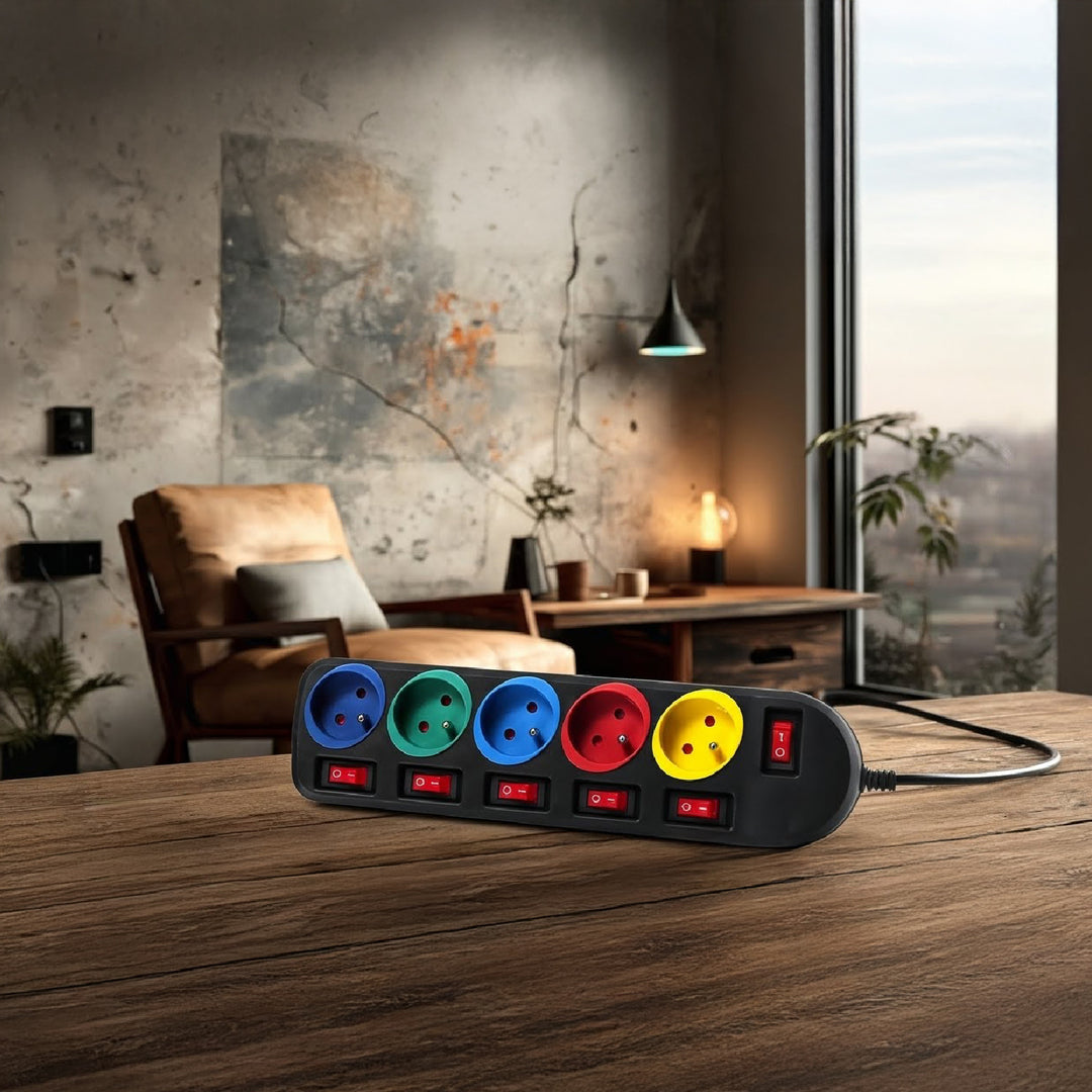 Cablu prelungitor 5 prize cu comutatoare Maclean Energy MCE204M 250VAC / 10A 1,5m, multicolor