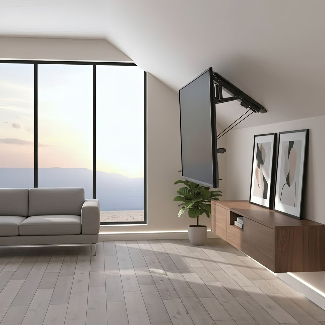 Suport electric de tavan pentru televizor, pentru pereți înclinați 32"-70" 35 kg max. telecomandă Maclean MC-880 max. VESA 600x411