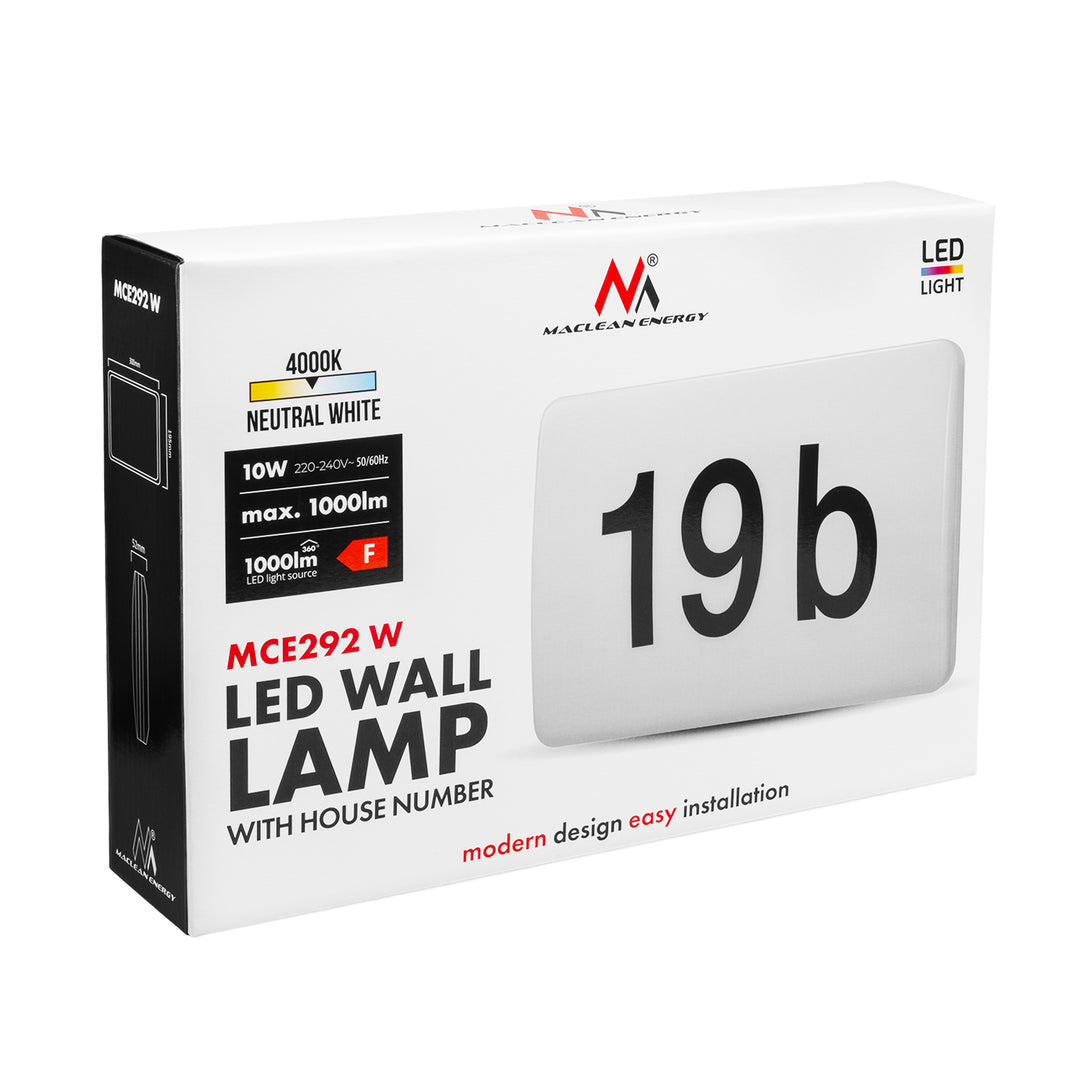 Lampă LED Maclean, pentru număr de casă, cu senzor de crepuscul, albă, max. 10 W, IP65, culoare neutră (4000 K), max. 1000 lm, MCE292 W